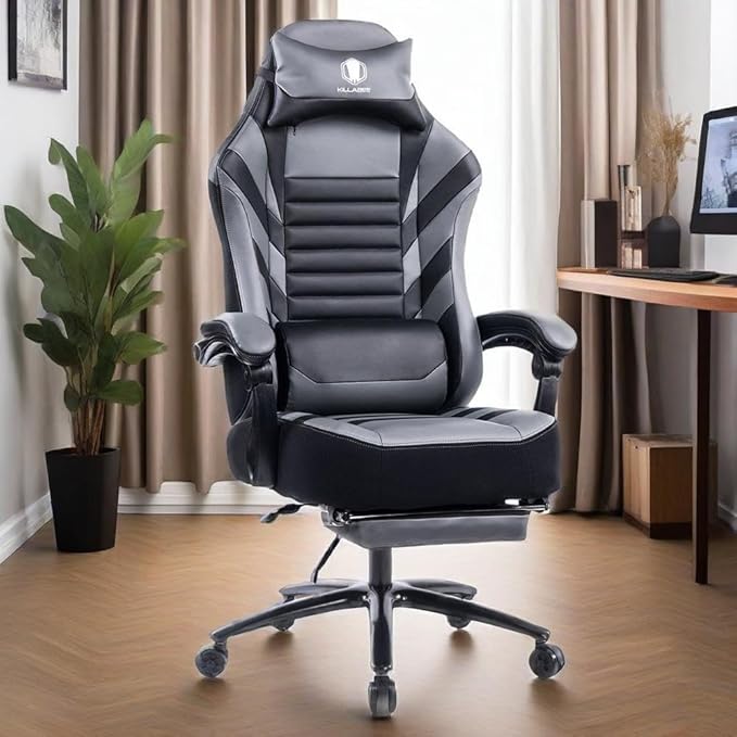 Swivel Gaming Chair Computer Chair with Footrest and Lumbar Support Ergonomic Comfortable Office Chair for Adults Height Adjustable Reclining Chairs for Office Gaming Lounge (Grey)