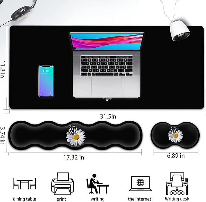 Ergonomic Keyboard Mouse Pad Wrist Rest Support Set Extended Gaming Mouse Pad Large XXL Mousepad + Memory Foam Wrist Rest Waterproof Office Desk Mat Writing Pad White Daisy Flowers Black Mousepad