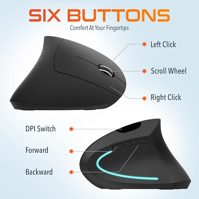Delton Ergonomic Vertical Wireless Mouse 2.4GHz USB Dongle 6 Buttons 3 Adjustable DPI Levels (800/1200/2400) AA Battery Operated Compatible with PC Laptop Mac Chromebook and More - Black