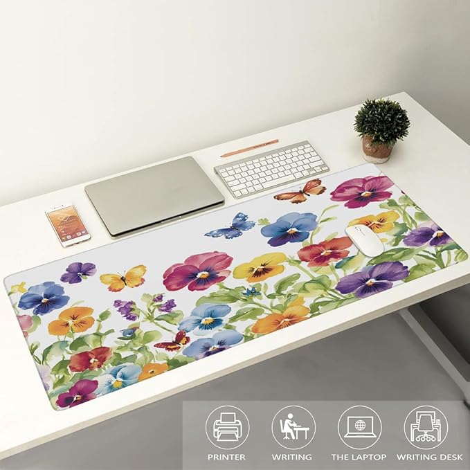 Large Colorful Flower Watercolor Mouse Mat Computer Mousepad with Non-Slip Rubber Base Waterproof Mouse Pad Desktop Keyboard Pad for GamerHome School Laptop Office Accessories16x35.5in