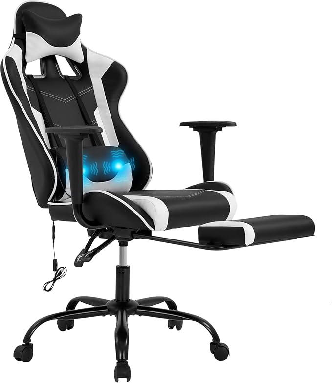 Video Game Chair Ergonomic PC Gaming Chair PU Leather Computer Game Chair with Headrest and Footrest Adjustable Armrest High Back Lumbar Support Racing Swivel Chair for Adults Kids White