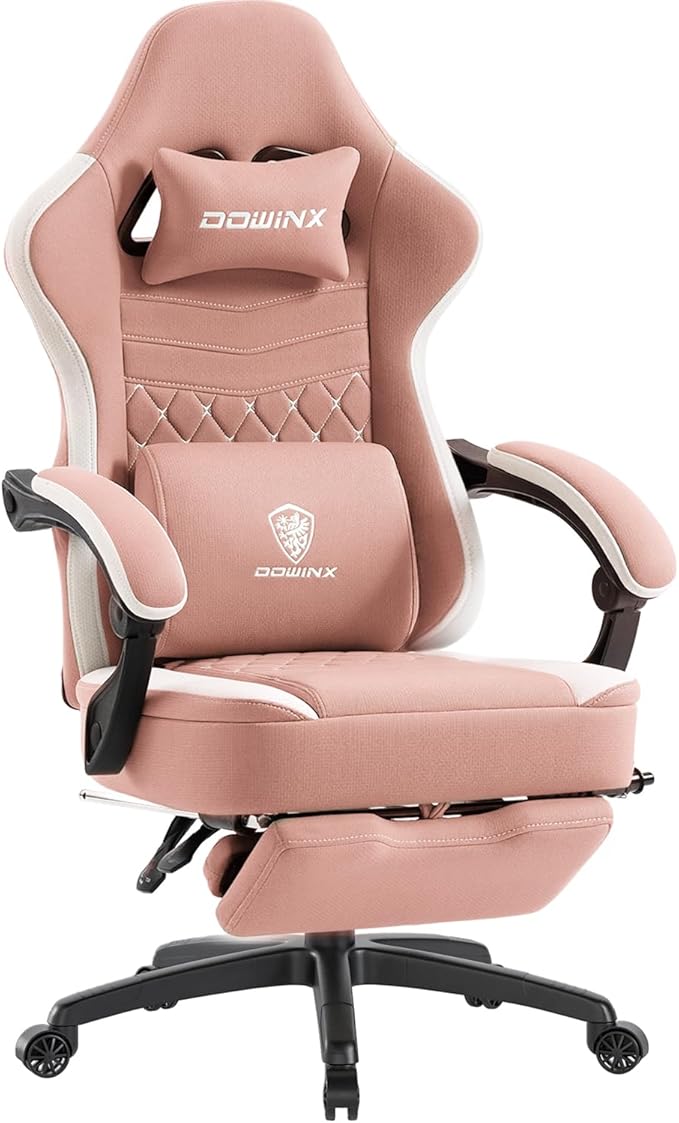 Dowinx Gaming Chair Breathable Fabric Game Chair with Gel Pad and Storage Bag Comfortable Gamer Chair with Pocket Spring Cushion Ergonomic Computer Chair with Footrest Pink and White