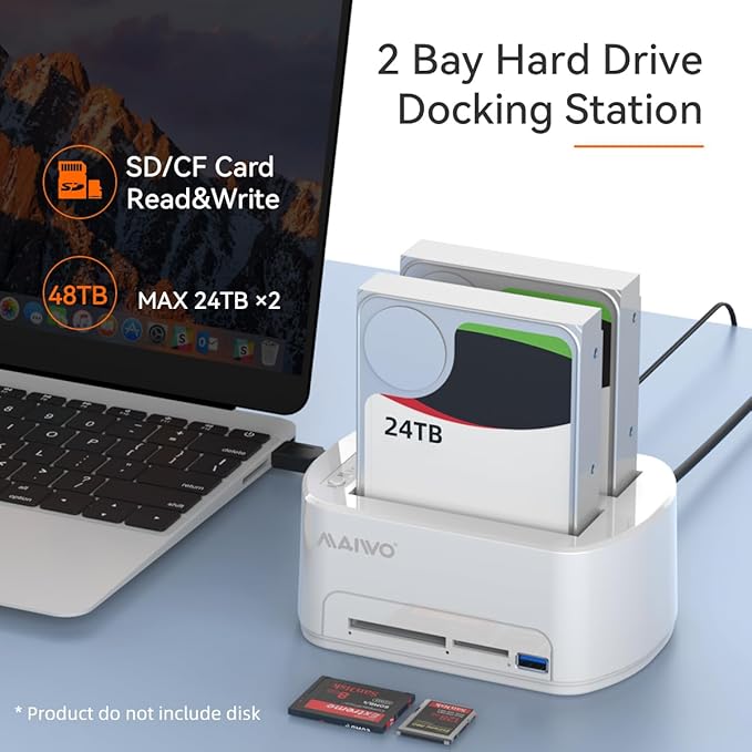 MAIWO SATA to USB 3.0 Dual-Bay Hard Drive Docking Station with Offline Clone for 2.5 &amp 3.5-inch HDD/SSD Hard Drive Dock with CF/SD Card Reader Support 2*24TB White