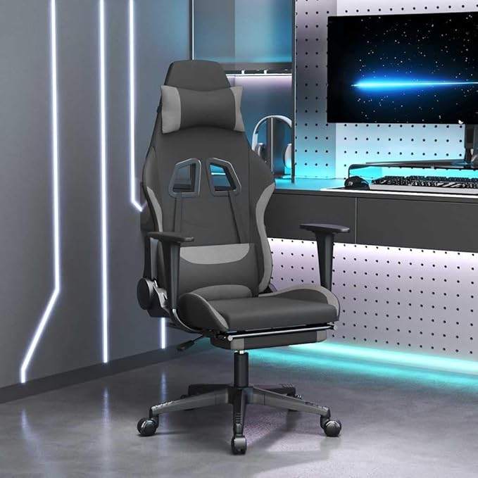 Ergonomic Gaming Chair with Massage Adjustable Height Gel Seat Cushion Footrest Black and Grey Polyester for Computer Office Gamer