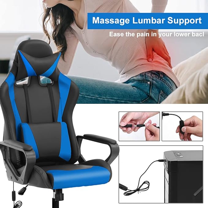 PC Gaming Chair Office Chair Racing Desk Chair with Lumbar Support Arms Headrest Massage High Back PU Leather Ergonomic Computer Chair Rolling Adjustable Swivel Chair for Women Men Adult Blue