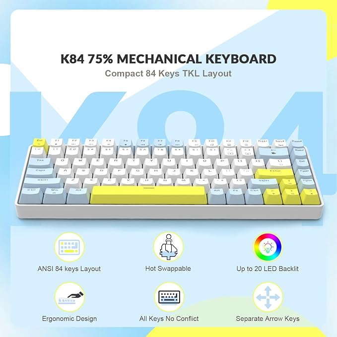 LexonElec RK-84 Portable Mechanical Gaming KeyboardRainbow LED Backlit Compact 84 Keys Mini Wired Office Keyboard with Red Switch for Windows Laptop PC Mac-White/Blue/Orange