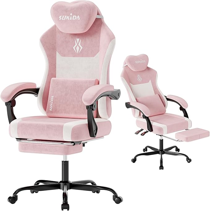 SUKIDA Ergonomic Gaming Chair — Premium Computer Video Gaming Chair with Massage Lumbar Support Adjustable Headrest &amp Footrest Plush Chenille Fabric for Office and Home UsePink