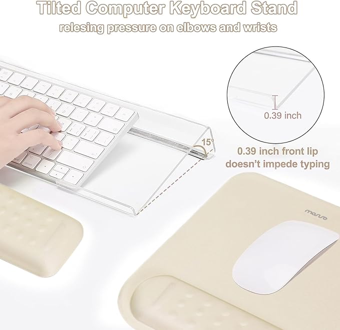 MOSISO Computer Keyboard Stand&ampWrist Rest Support for Keyboard &ampMouse Pad Set Ergonomic Massage Wrist Rest Set Easy Typing Working Acrylic Clear Stand for Office Home Khaki