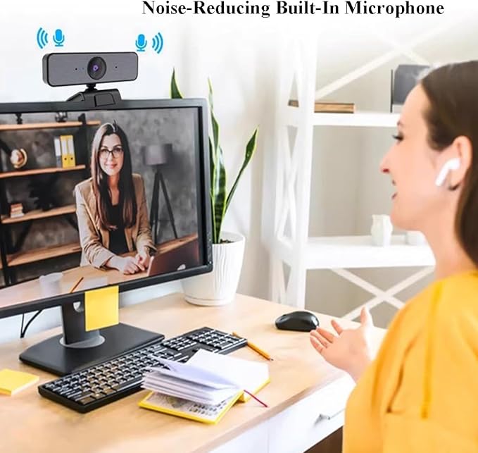 GIZNXBA Webcam with Microphone 2 Noise-Canceling Mics 90° Wide-Angle Lens &amp Autofocus Plug and Play Auto Light Correction PC Camera for Streaming Gaming Works Online Teaching(1080p)