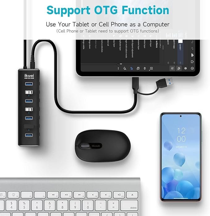 Powered USB 3.0 /USB C Hub ikuai Aluminium 7-Port USB Hub Splitter with AC Adapter LED Individual On/Off Switches and 3.3ft Extended Long Cable for Laptop Mac PC Flash Drive Mobile HDD