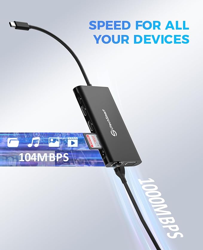 UtechSmart Triple Monitor USB-C Laptop Docking Station - 11-in-1 Dock with 2 HDMI VGA PD3.0 SD/TF Card Slot 4 USB Ports - Compatible with MacBook &amp Windows (Black)