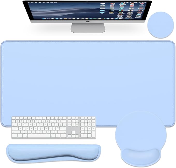 Dapesuom Large Gaming Mouse Pad Mouse Pads with Wrist Rest Wrist Support 4in1 Big XXL Desk Mat Desk Pad + Ergonomic MousePad + Memory Foam Keyboard Mat Wrist Rest + Coaster Set for ComputerSky Blue