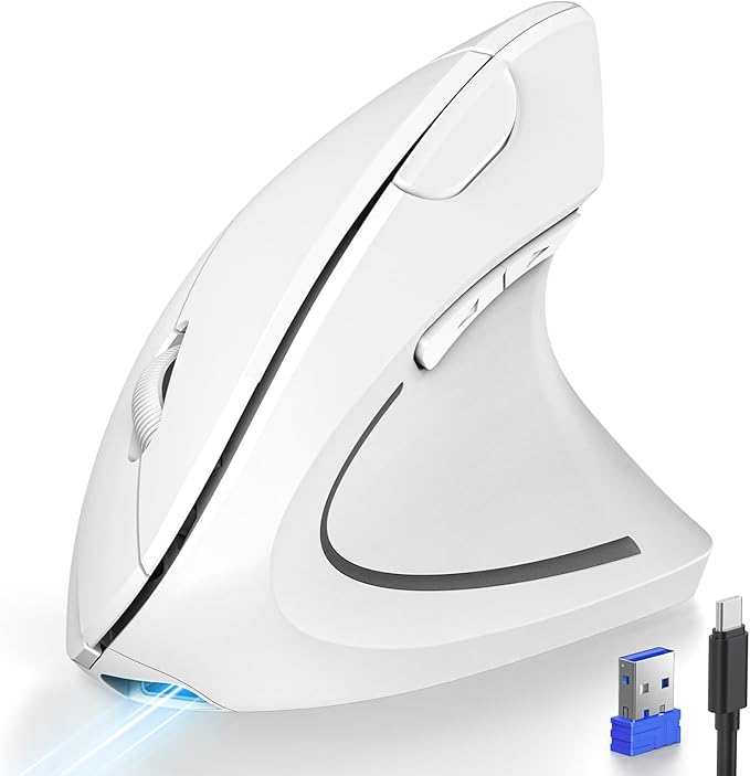 TECKNET Ergonomic Mouse Rechargeable 2.4G+Bluetooth Vertical Mice 6 DPI Adjustable Wireless Optical Carpal Tunnel Mouse Right Hand Multi Device for Laptop PC Computer MacBook iPad - White