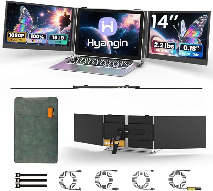 Hyangin Triple Laptop Screen Extender 14-inch 2026 Upgraded Ultra-Slim 1080P FHD Displays for Laptop Ultra-Light Triple Monitor for 13.3-17.3 Laptops Compatible with Windows/Mac/Chrome OS/Phones