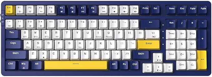 Wireless Mechanical Keyboard Triple Mode 2.4G/USB-C/BT Gaming Keyboards 100 Keys Ice-Blue Backlit Red Switch Keyboard | Rechargeable Mechanical Gaming Keyboards | Blue/White/Yellow