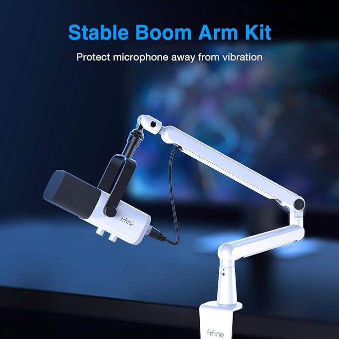 FIFINE Gaming XLR/USB Microphone and Mic Stand BundleRGB Dynamic Mic with Mute ButtonVolume Control Low Profile Boom Arm Kit with Cable Management for Recording Video Creation (AM8W+BM88W)