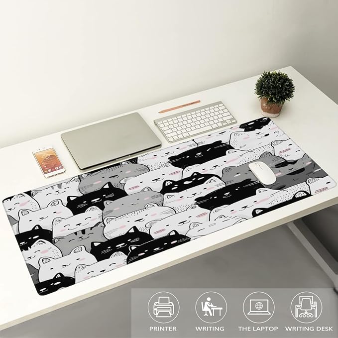 Large Black White Cat Mouse Mat Computer Mousepad with Non-Slip Rubber Base Waterproof Mouse Pad Desktop Keyboard Pad for GamerHome School Laptop Office Accessories16x35.5in