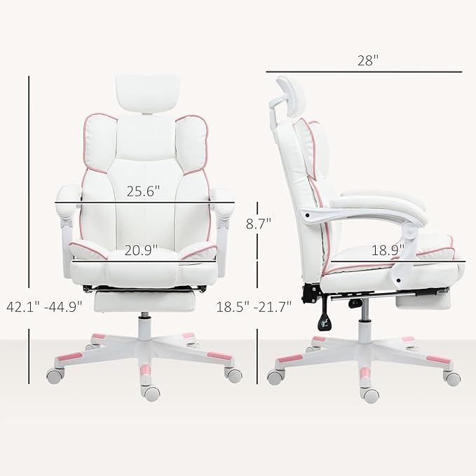 Big and Tall Ergonomic Gaming Office Desk Chair with Footrest &amp Headrest PU Leather Video Game Chairs with Armrests Height Adjustable 360° Swivel Computer Chair for Home Office (White)