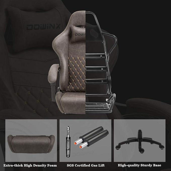 Dowinx Gaming Chair Big and Tall Ergonomic Game Chair for Adults with Footrest and Massage Lumbar Support High Back Computer Gamer Chair PU Leather 350Lbs for Office Home Brown