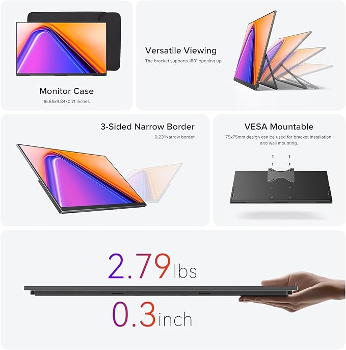 UPERFECT 18.5 Portable Monitor NxtLED™ Eye Care Display 120Hz FHD 1080P 145% sRGB Anti-Glare Matte Screen Flicker-Free Low Blue Light with Stand &amp VESA for Laptop PC Mac Phone &amp Game