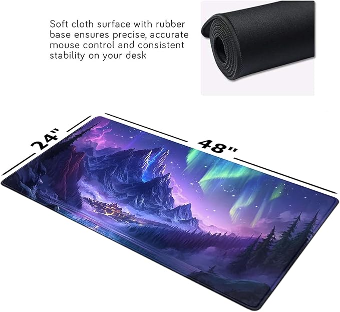 Extended Mouse Pad Large Gaming Mouse Pads - Aurora Painting Northern Lights Mountains Stars Desk Pad Computer Desk Mat Non-Slip Mousepad for Game Players Office Study (48 x 24)