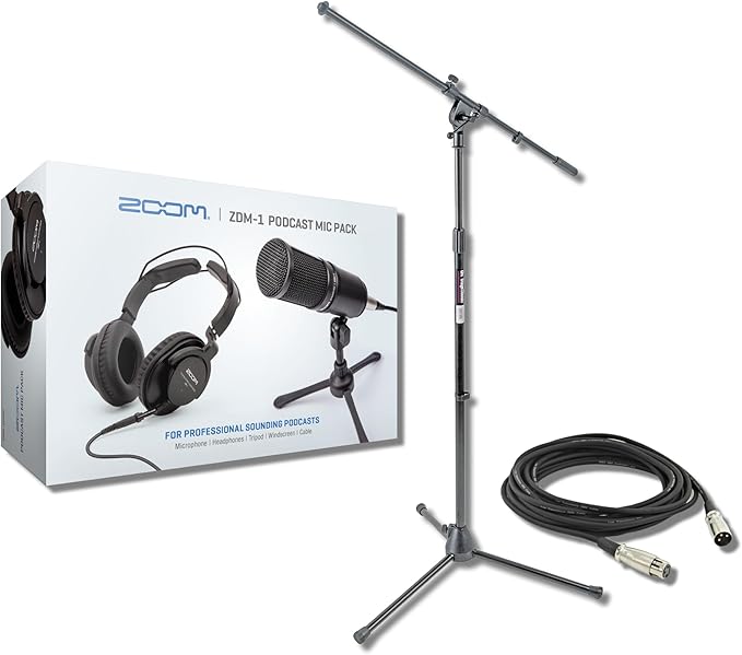 Zoom ZDM-1 Podcast Microphone Pack with On-Stage Stands MS7701B Tripod Mic Stand and XLR Cable