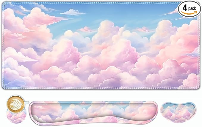 ToLuLu Large Mouse Pad Desk Pad Set Wrist Rest Support Desk Mat for Keyboard and Mouse 4PCS 35.4”x15.7 XXL Giant Mouse Pad Non-Slip Base Stitched Edges Mousepad for Home Office Dreamy Clouds