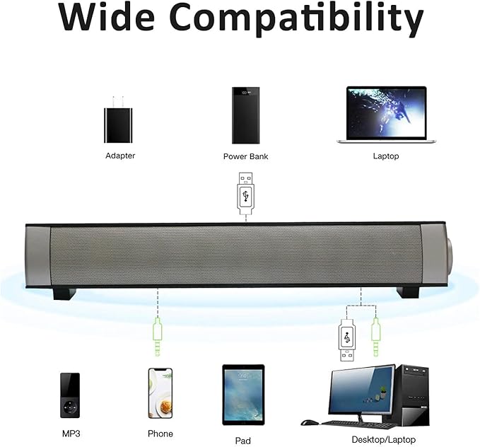 Computer Speakers for Desktop Wired and Wireless Computer Sound Bar Stereo USB Powered Mini Soundbar Speakers for PC Tablets Laptop Desktop Projector Cellphone