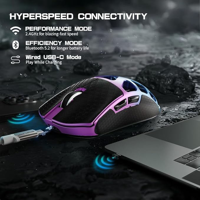 FELICON x Attack Shark R3 Magnesium Alloy Wireless Gaming Mouse 46g Ultra-Lightweight Skeletal Shell PAW3395 26K DPI 8K Polling Tri-Mode 2.4G/BT/Wired for PC Mac Laptop - Purple &amp Griptape