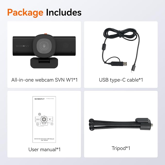 SVBONY 2K Webcam for PC Computer Camera with Low-Light 3D Noise Reduction&ampDual AI-Noise Canceling Mics Web Cam with Privacy Cover USB A-to-C Plug&ampPlay PC Camera for Video CallingTeamsStr