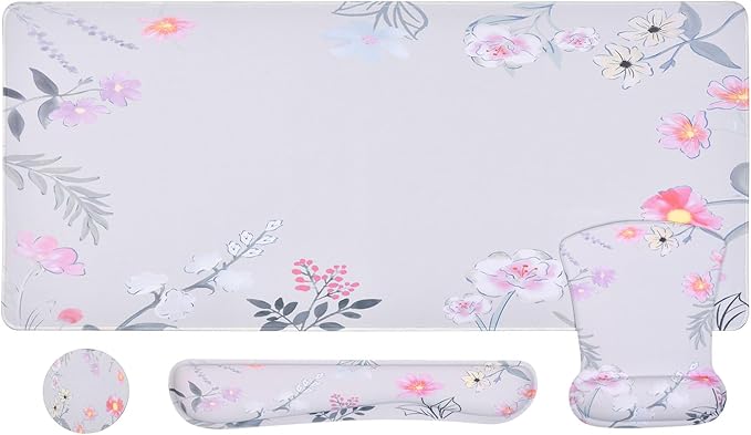 MEGREZ 4-in-1 Ergonomic Memory Foam Wrist Rest Set Desk Pad Mouse Pad with Wrist Rest Keyboard Pad Suitable for Office Workers Programmers &amp Gamers–Relieve Typing &amp Gaming Fatigue Pink F