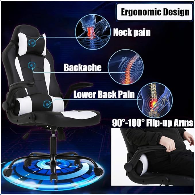 PC Gaming Chair Ergonomic Racing Heavy Duty Office Chair Video Game Chair Massage Function Lumbar Support with Flip Up Arms &amp Headrest Nice Chic Desk Chair Adjustable Best Home Office Chair - Wh