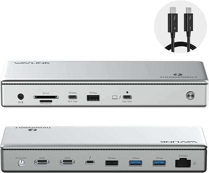 WAVLINK Thunderbolt 4 Dock with 100W Charging Thunderbolt Certified Driverless Laptop Docking Station with 4K HDMI Dual Monitor or Single 8K for Windows or Mac 4X USB 2.5G EthernetSD/MicroSD