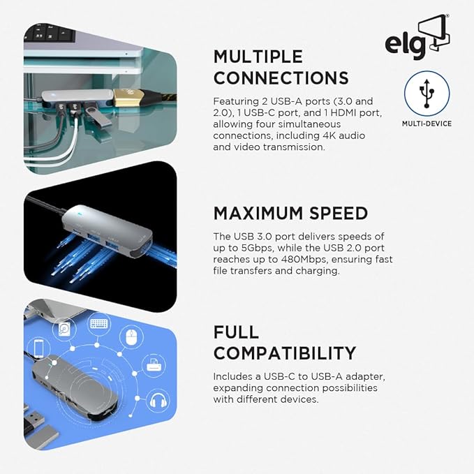 USB-C 4-in-1 Hub Adapter with HDMI 4K 2 USB-A Ports and USB-C Power Delivery High-Speed Multiport Expansion for Laptops Tablets and USB-C Devices