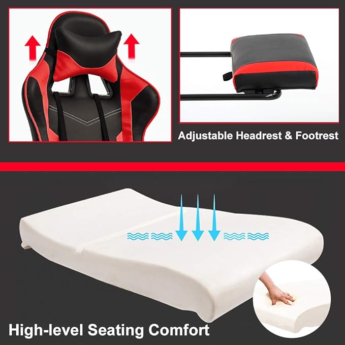 BestOffice Women's Red Gaming Chair Sturdy Faux Leather 360-Degree Rotating Lumbar Support Massage Vibration Easy Assembly 21.7W x 20.9D x 45H