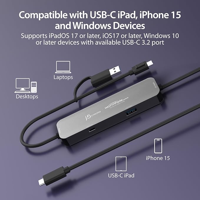 j5create iPad/iPhone to Windows Collaboration Sharing Hub Use iPad as a Second Display for Windows Laptop Transfer Files Between iPhone and Win PC Wormhole Switch CrossLink (JCH422)