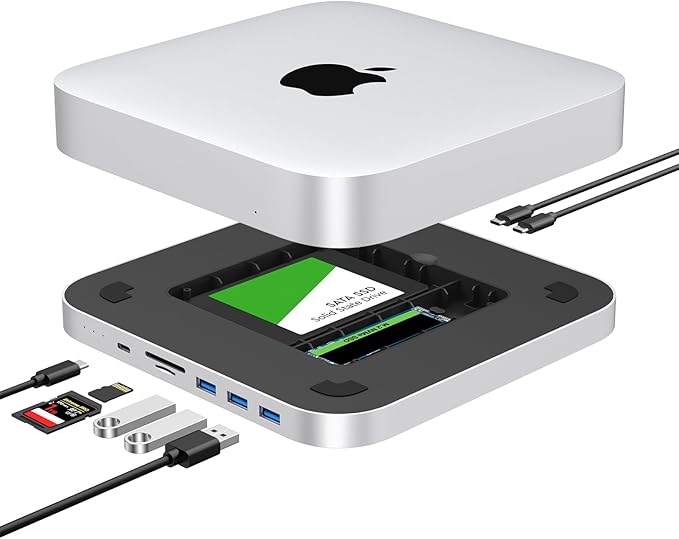 Mac mini Dock USB C Hub with Dual SSD Enclosure- Fits M.2 NVMe/SATA SSD and 2.5 inch SSD USB-C 10Gbps SD/TF Card Readers Docking Station for Mac mini M1/M2/Mac Studio | Accessories