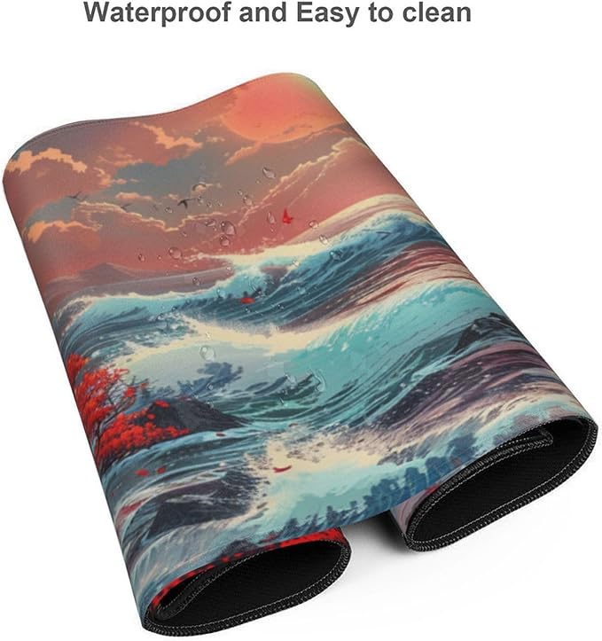 Japanese Desk Mat - 48 x 24 Inches - Sea Wave Extended Big Mouse Pad LargeXXXL Gaming Mouse Pad Desk Pad with 3mm Non-Slip Base and Stitched Edge for Home Office WorkFantasy Artwork Style