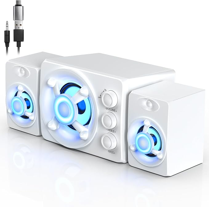 D-208 Computer Speakers with Subwoofer 2.1 Hi-Fi PC Speakers System with RGB Lighting  Enhanced Bass Plug and Play USB/USB-C Powered and 3.5mm Aux in for Desktop Monitor Laptop Tablet (White)