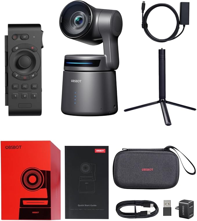 OBSBOT Tail Air &amp Tripod &amp Remote &amp Ehternet Adapter Combo AI Tracking PTZ Camera with APP Gesture Control HDMI/USB-C/Wireless Webcam Video Camera Live Streaming for Church Worship S