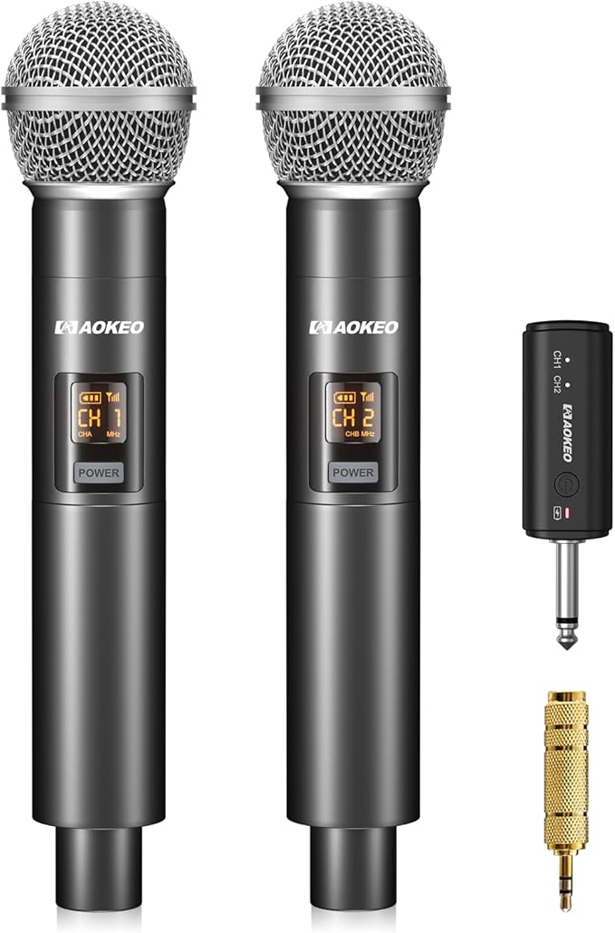Aokeo Wireless Microphone Only for Mic Input UHF Metal Dynamic Handheld Multipurpose Mic with Rechargeable Receiver (Work 4hs) 160ft Range for Karaoke Machine Amplifier Speaker Mixer
