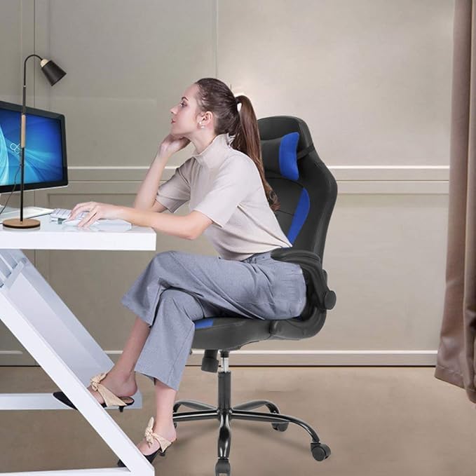 PC Gaming Chair Racing Style Office Chair w/Flip Up Arms Lumbar Support Pillow Video Game Chair Height Adjustable Rolling Swivel Computer Chair Ergonomic PU Leather Chair for Men Women Teens (Blue)