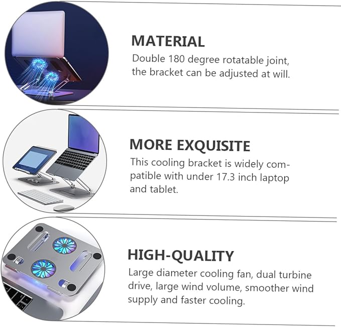 Homoyoyo Aluminum Alloy Laptop Cooler Stand with Dual Fans Adjustable Height Foldable Ventilated Support USB Cooling Pad for Gaming and Office Laptops Silver