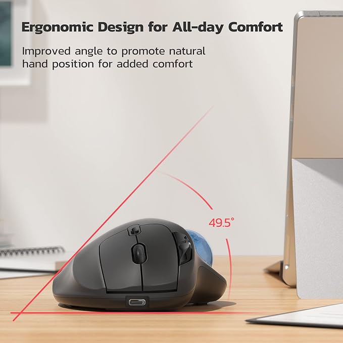 Nulea M501 Wireless Trackball Mouse Rechargeable Ergonomic Easy Thumb Control Precise &amp Smooth Tracking 3 Device Connection (Bluetooth or USB Receiver) Compatible for PC Laptop Mac Windows
