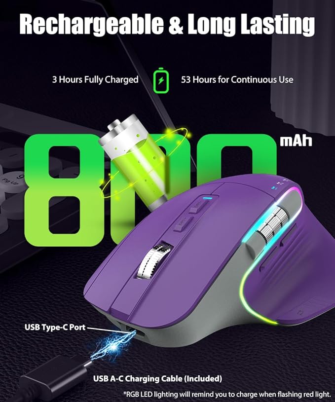 Wireless Gaming Mouse Tri-Mode 2.4Ghz/Bluetooth 5.2/Wired USB-C with Two Scroll Wheels RGB LED Backlit 4-Level DPI Rechargeable Ergonomic Optical Mice for Computer/Laptop/Office/Gamer Purple