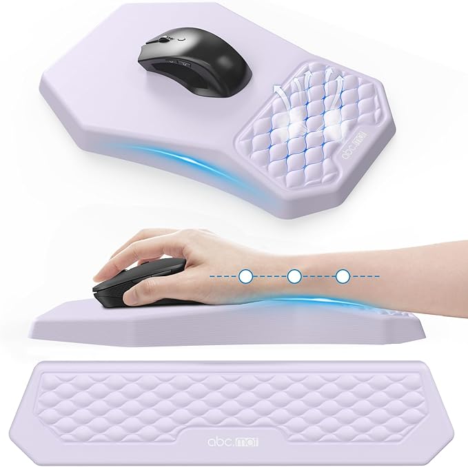Ergonomic Mouse Pad and Keyboard Wrist Rest Support Set Massage Design Mousepad for Carpal Tunnel Pain Relief Memory Foam Non-Slip PU Base for Computer Desk Purple