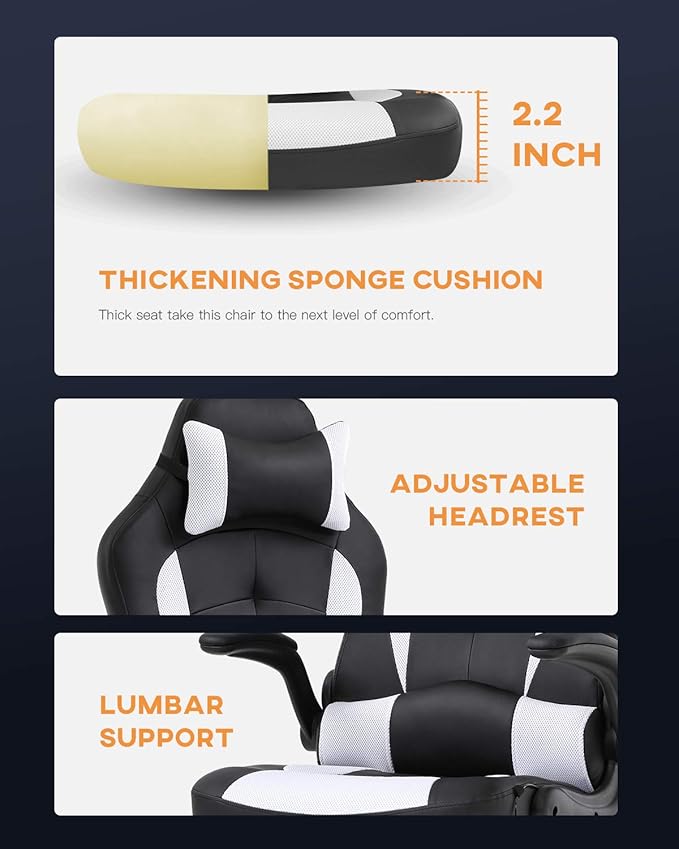 Vnewone Computer Gaming Chair Office PC Ergonomic Executive Desk Racing Rolling Swivel Task PU Leather with Lumbar Support Headrest Adjustable Armrest Massager White