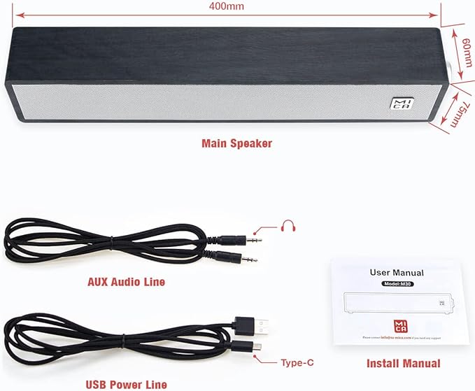 MICA Computer Speakers Wired Computer Sound Bar Wooden Mini Soundbar USB Powered PC Speakers for Desktop Monitor Laptop Tablet 3.5mm Aux Connection Yellow &amp Black (M30i)