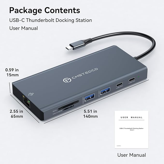 USB C Docking Station 3 Monitors 100W PD 12 in 1 Thunderbolt to Triple Monitor Docking Station USB C Hub Multiple Adapter 2xUSB-C 3.2 2xUSB-A 3.0 SD Card 1000Mbps Ethernet Light Gray