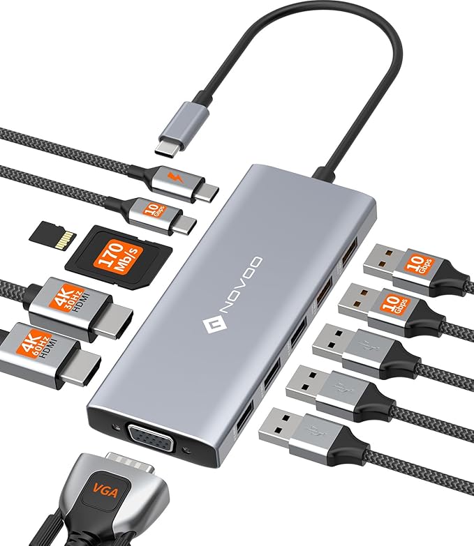 NOVOO USB C Docking Station Dual Monitor 12-in-1 USB C Hub with HDMI 4K VGA USB 10Gbps SD/TF 100W PD Multiport Adapter Compatible with MacBook Dell HP Surface